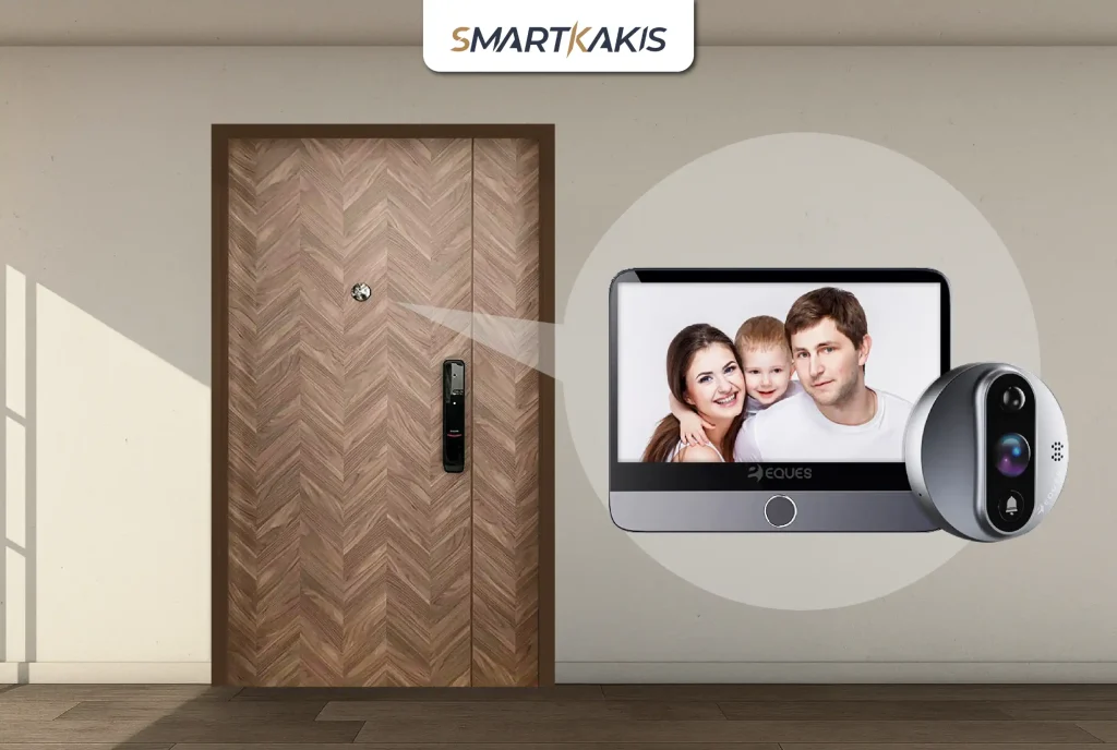 family members being happy while eques door viewer on the door