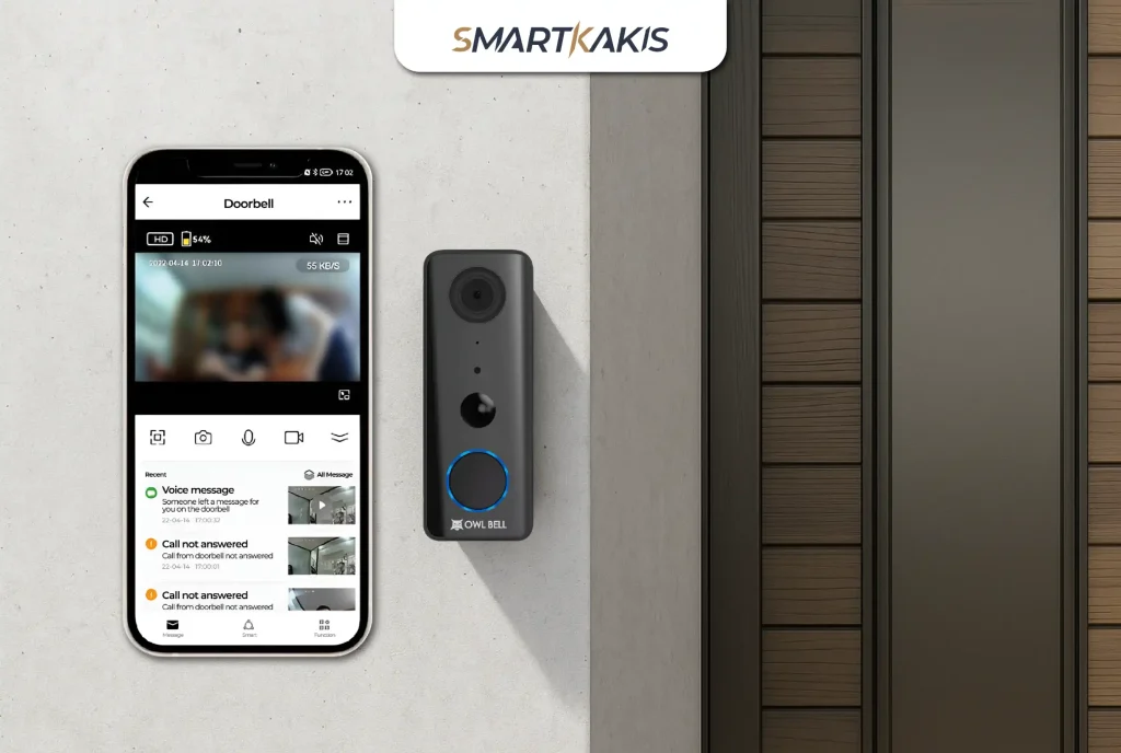 owlbell door bell installed on the wall and its app screenshot