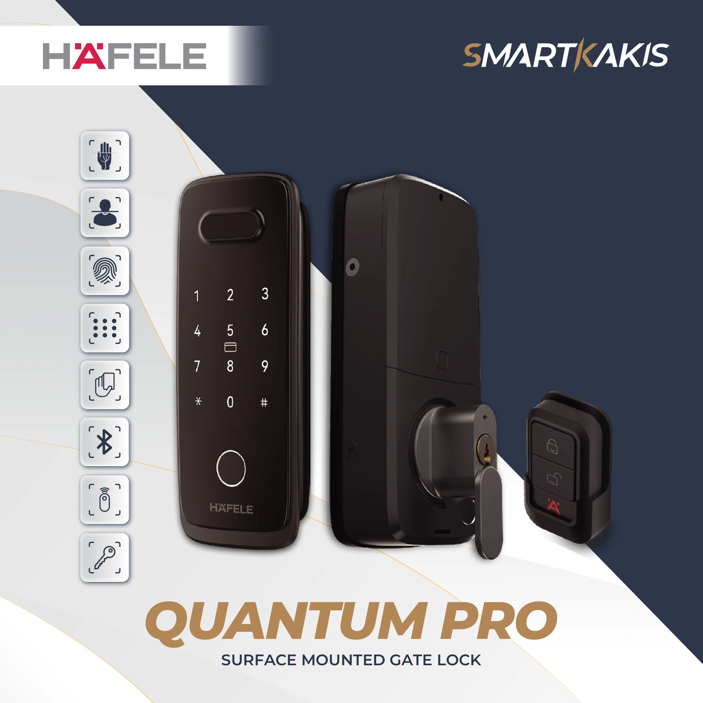 Hafele Quantum Pro Digital Lock – Surface Mounted Gate Lock with Palm ID, Face Recognition & RF Remote